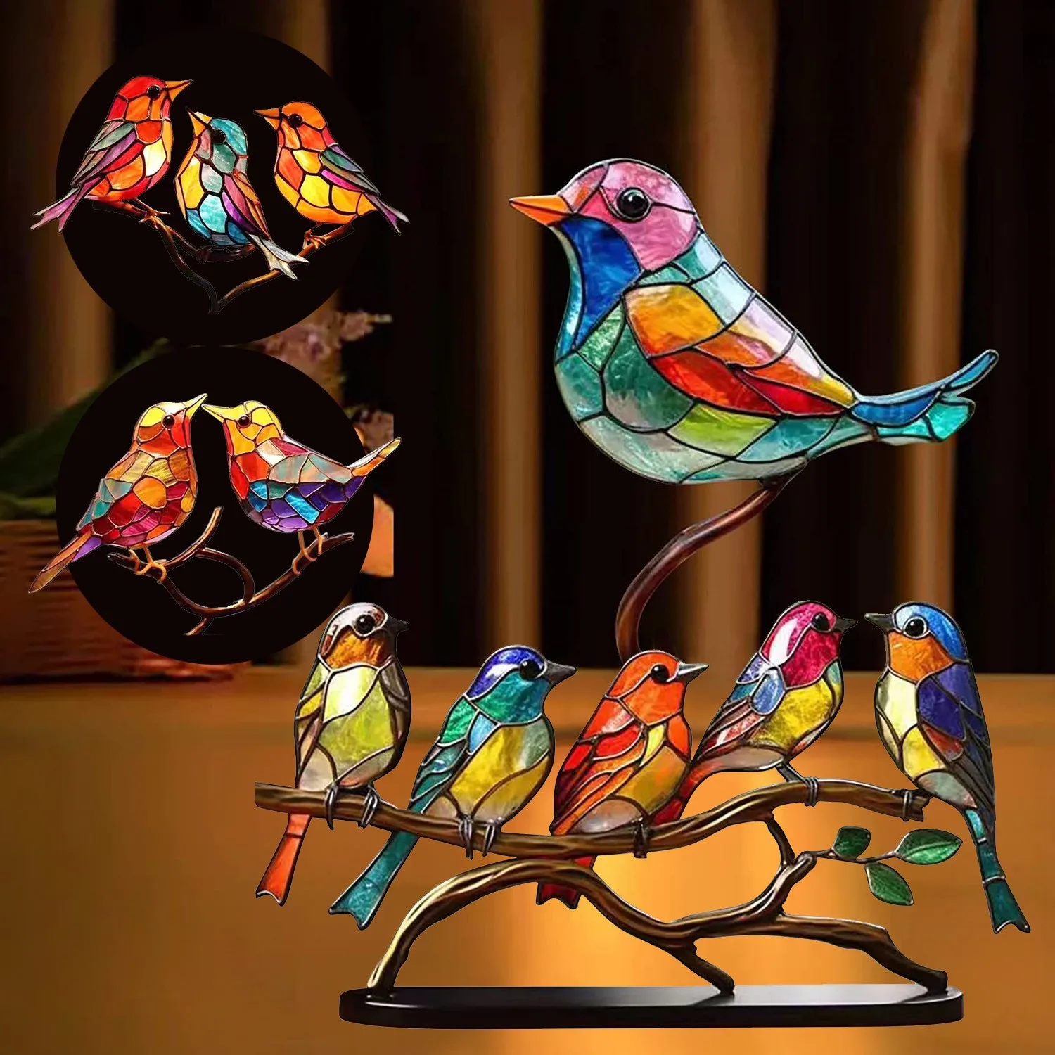 High Quality Manual Stained Acrylic Birds On Branch Desktop Ornaments Metal Material Double Sided Multicolor Style Birds Decorat