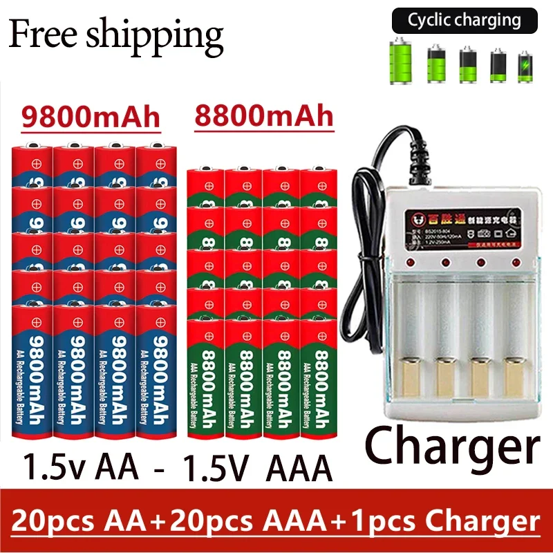 Rechargeable Battery 1.5V AA 9800Mah 1.5V AAA 8800Mah Alkaline  with Charger for Computer Clock Radio Video Game Digital Camera