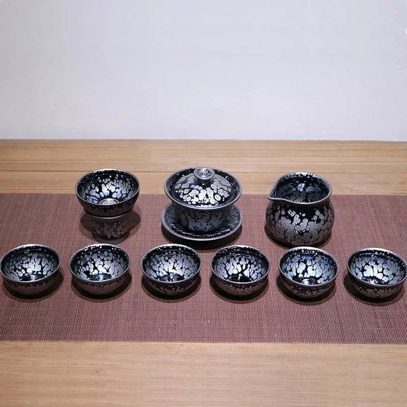 

Jian zhan 9pcs/set Snowflake Tenmoku Tea Set Clay Glaze Fire in Kiln under 1300 Celcius Porcelain Tea Bowl Ceramic Teacup