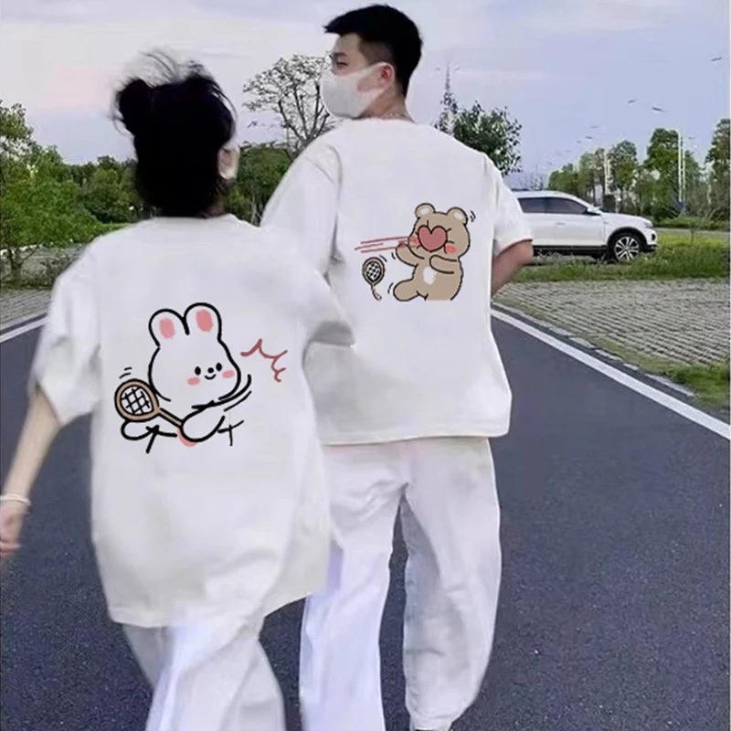 A Paired Clothes Sports Bear Printing Couple T-Shirt 240g High Quality Cotton Summer Men Women Short Sleeve Tshirt Sets