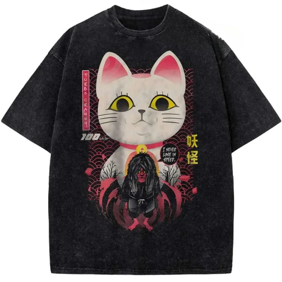 Dandadan Turbo Granny Lucky Cat Form Washed Anime T-shirt Harajuku Streetwear Oversized Short Sleeve Tee for Fans