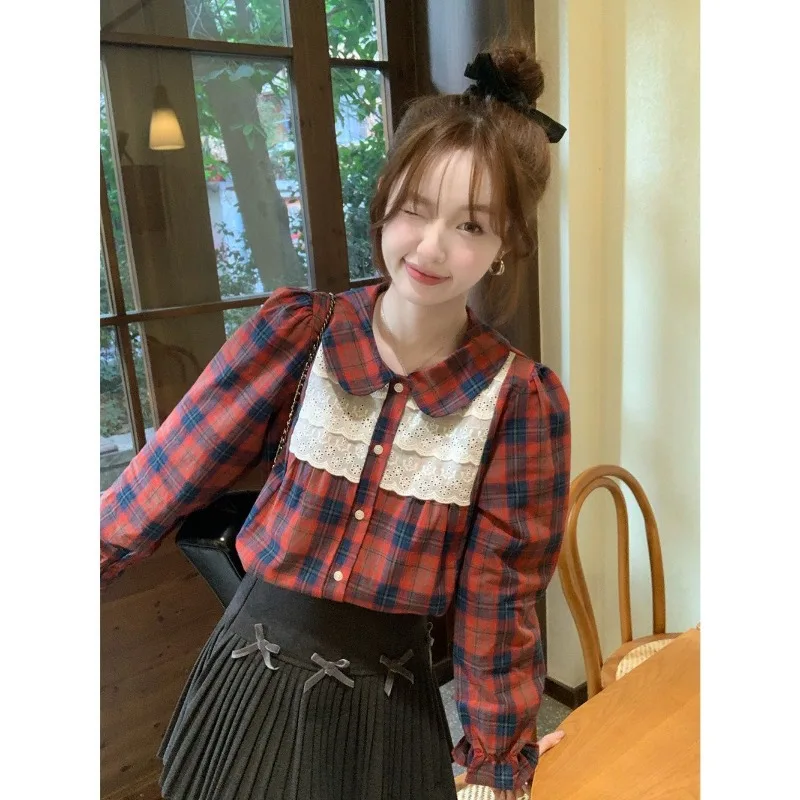 Femme Spring Summer Fashion Button Plaid Collar Women Shirts Vintage Lace Appear Thin Cotton Versatile Long Sleeve Top Tee