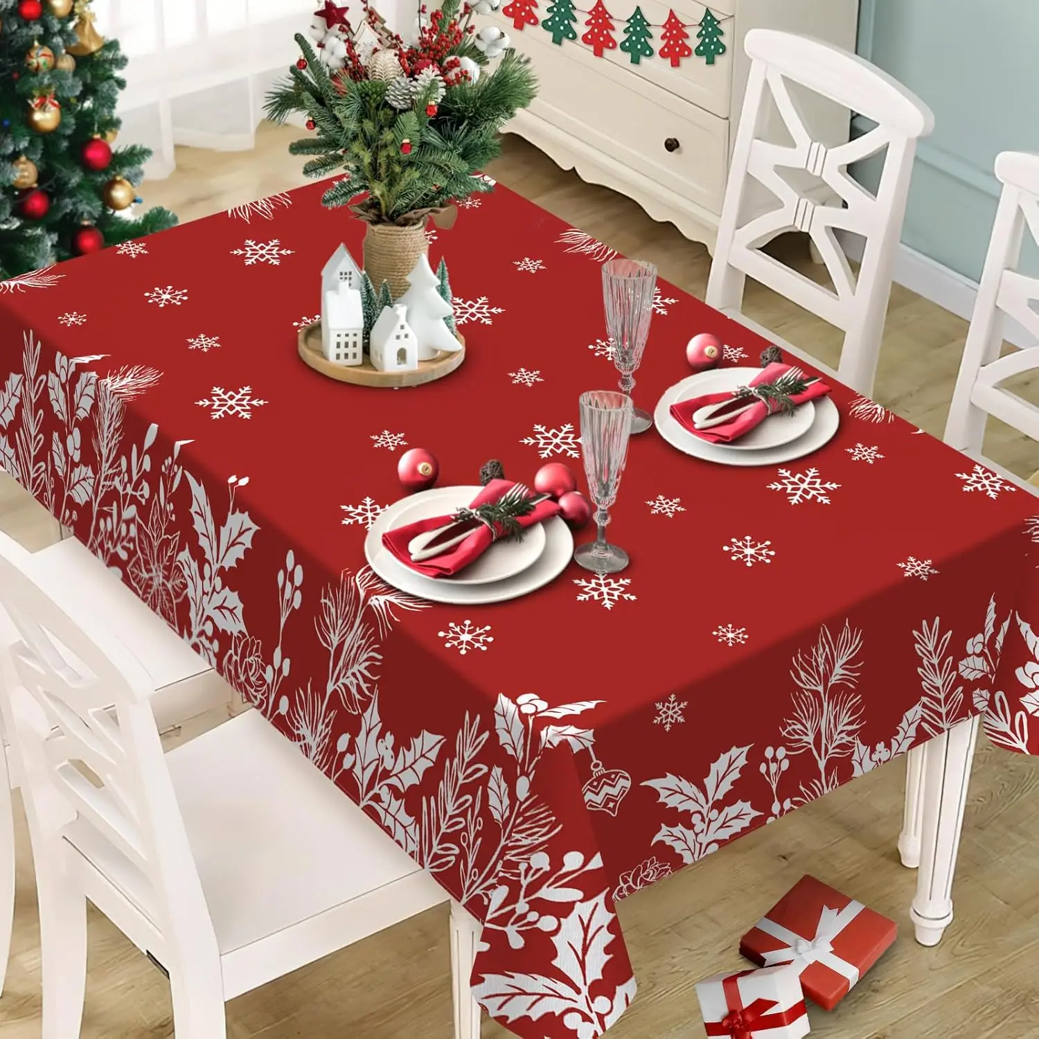 Christmas Holly Berries Snowflake Waterproof Tablecloth Table Decor Winter Xmas Kitchen Dining Tablecloth Christmas Decorations