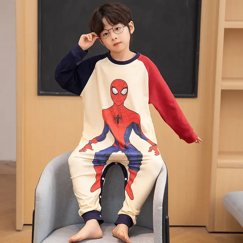 Marvel Spiderman boys cartoon one-piece pajamas children's Iron Man pure cotton long-sleeved home clothes holiday gift creative