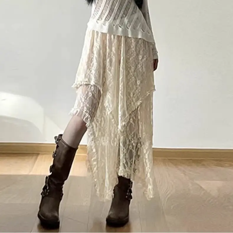 2025 Vintage Lace Irregular Hem Long Skirt with Elegant Vacation Style Half Skirt