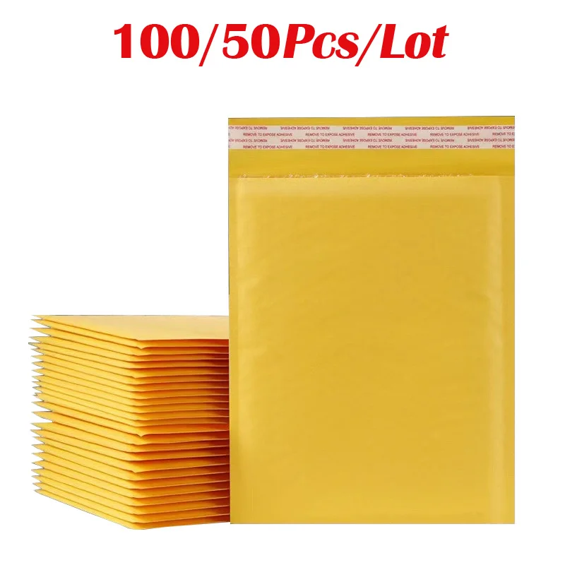 

50/100Pcs Yellow Kraft Paper Bubble Mailers Packaging Bags Self Seal Padded Envelopes Poly Lined Shipping Bags for Bussiness