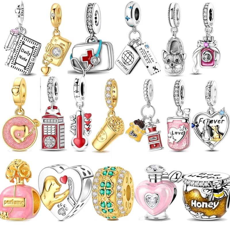 Abalorios de Plata de Ley 925 para Mujer, Colgantes de Perfume, Cámara, Viaje, Café, Perro y Corazón para Pulsera, Joyería DIY, Regalo