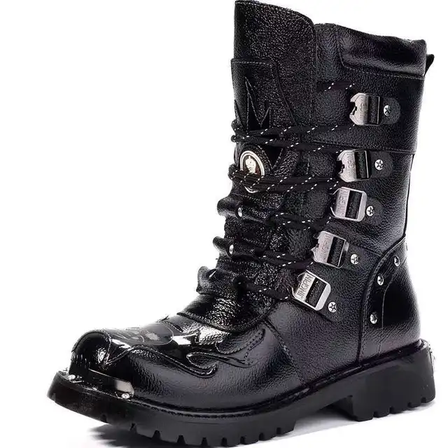Męskie buty motocyklowe Fashion Mid-Calf Punk Rock Punk PU Leather Black High Top Mens Casual Boot Steel Toe Shoes Big Size 38-46