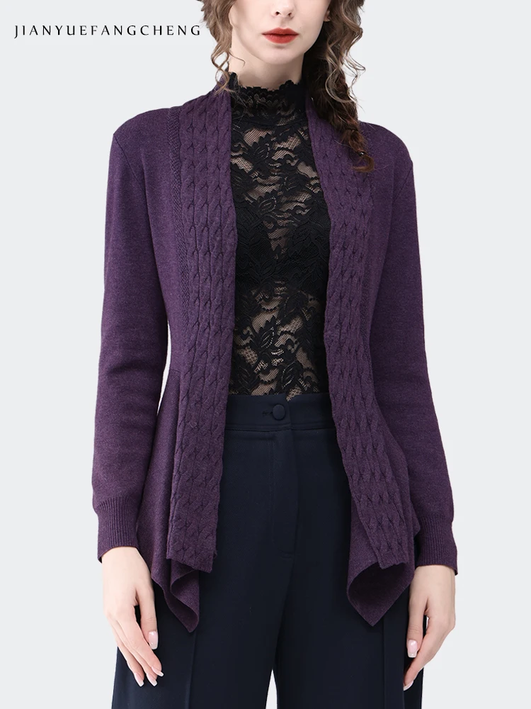 Women Long Sleeve Purple Knitted Cardigan Sweater Fashion Casual No Placket Knit Top indoor Cold-resisitant Wool Shawl