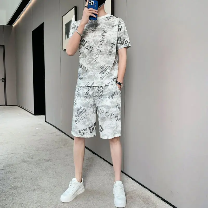 High-Quality Ice Silk Short Sleeve Suit Men's Casual Sportswear Printed T-Shirt Summer Thin Style Trend Two-Piece Set