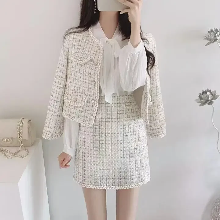 UNXX Korean Version Elegant Set for Women Female Office Lady, Socialite New Stylish Youthful Tweed Jacket + High-waist Skirt