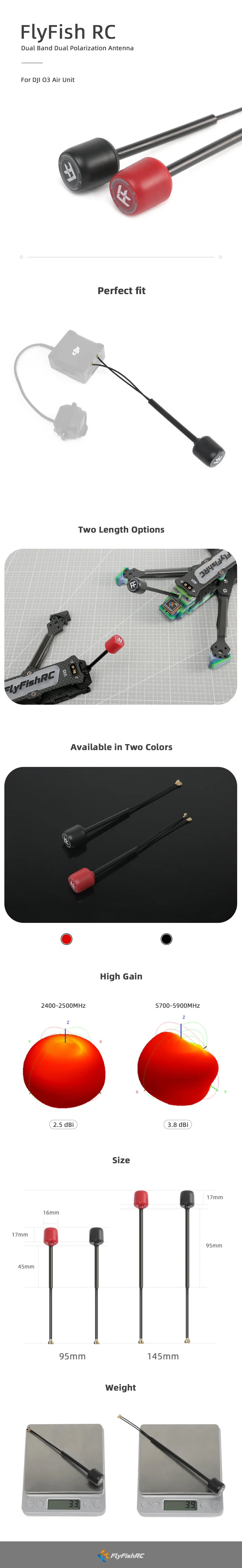 FlyFishRC Dual-Band-Antenne 5,8 GHz/2,4 GHz UFL 40 mm/95 mm/145 mm LHCP Fernantenne kompatibel DJI O3 für FPV RC Drone – Detail 1