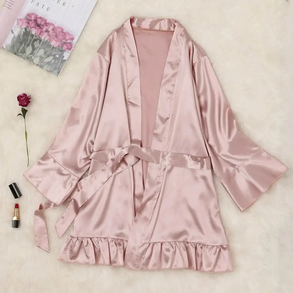 Women Sleeping Robes Silky Sleepwear Ruffle Lace Up Lady Sleeping Gown Smooth Surface Women Nightdress Sleeping Clothes