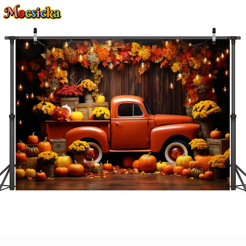 Autumn Photography Backdrop Kids Aldult Portrait Cake Smash Decor Background Prop Pickup Truck Fall Harvest Pumpkin Photo Studio