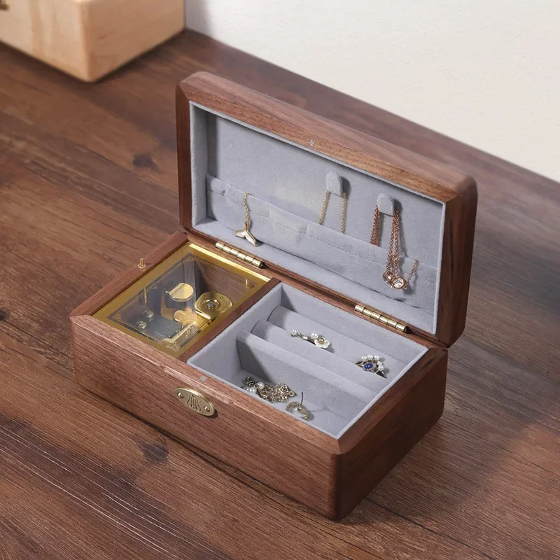 Vintage Wooden Music Box With Velvet Interior Jewelry Storage Organizer Handcrafted Log Ornament Romantic Gift For Girlfriend