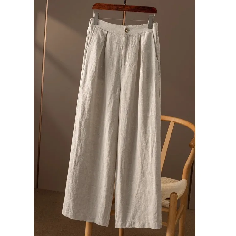 جديد القطن الكتان مرونة عالية الخصر مطوي مستقيم واسعة الساق السراويل الطويلة النساء صافي اللون السراويل الطويلة السيدات السراويل
