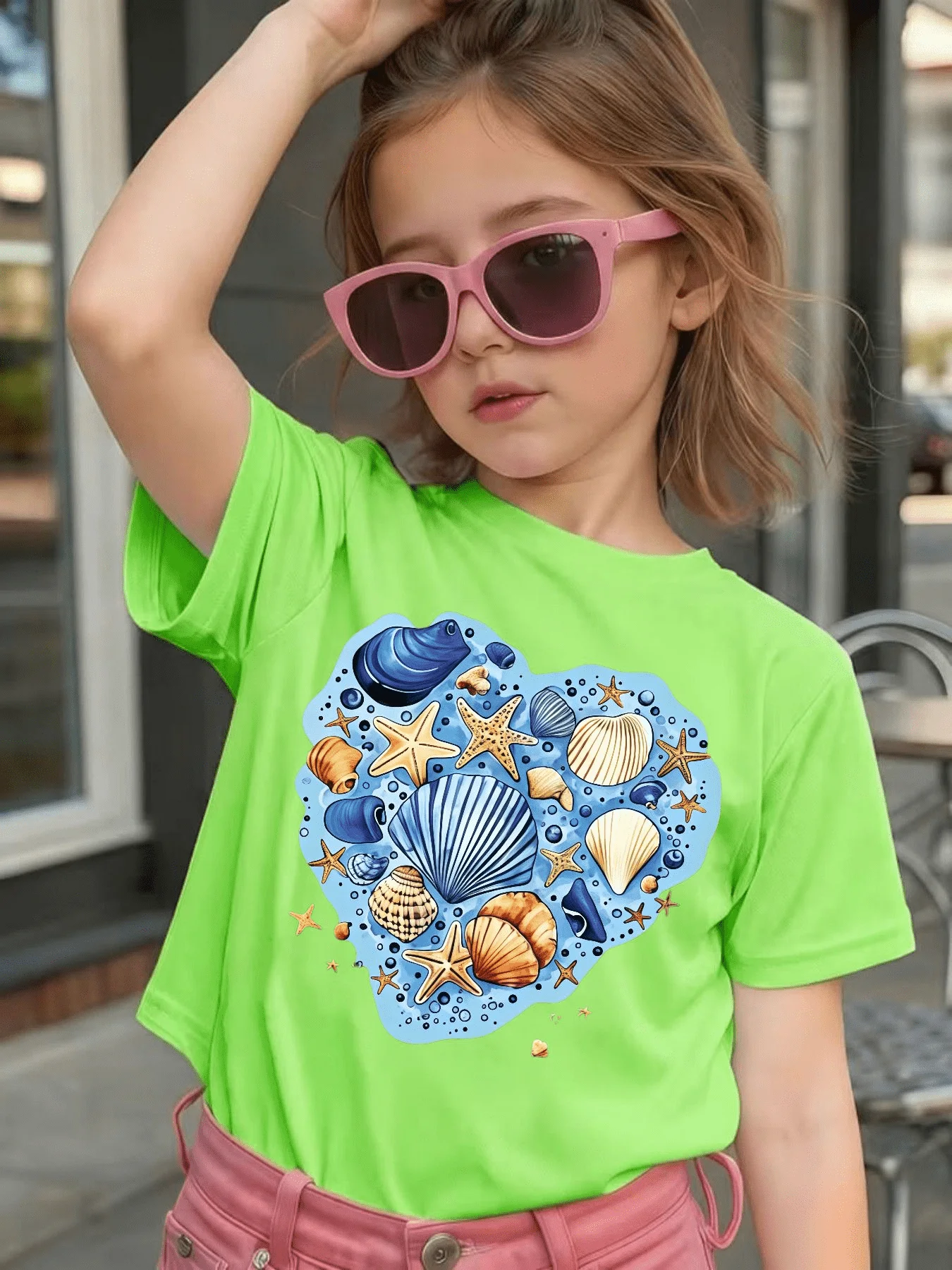 Ocean Heart Seashell Starfish Print Kids T Shirt Boys Girls Family Match Cotton Short Sleeve Summer Children Casual Basic Wear