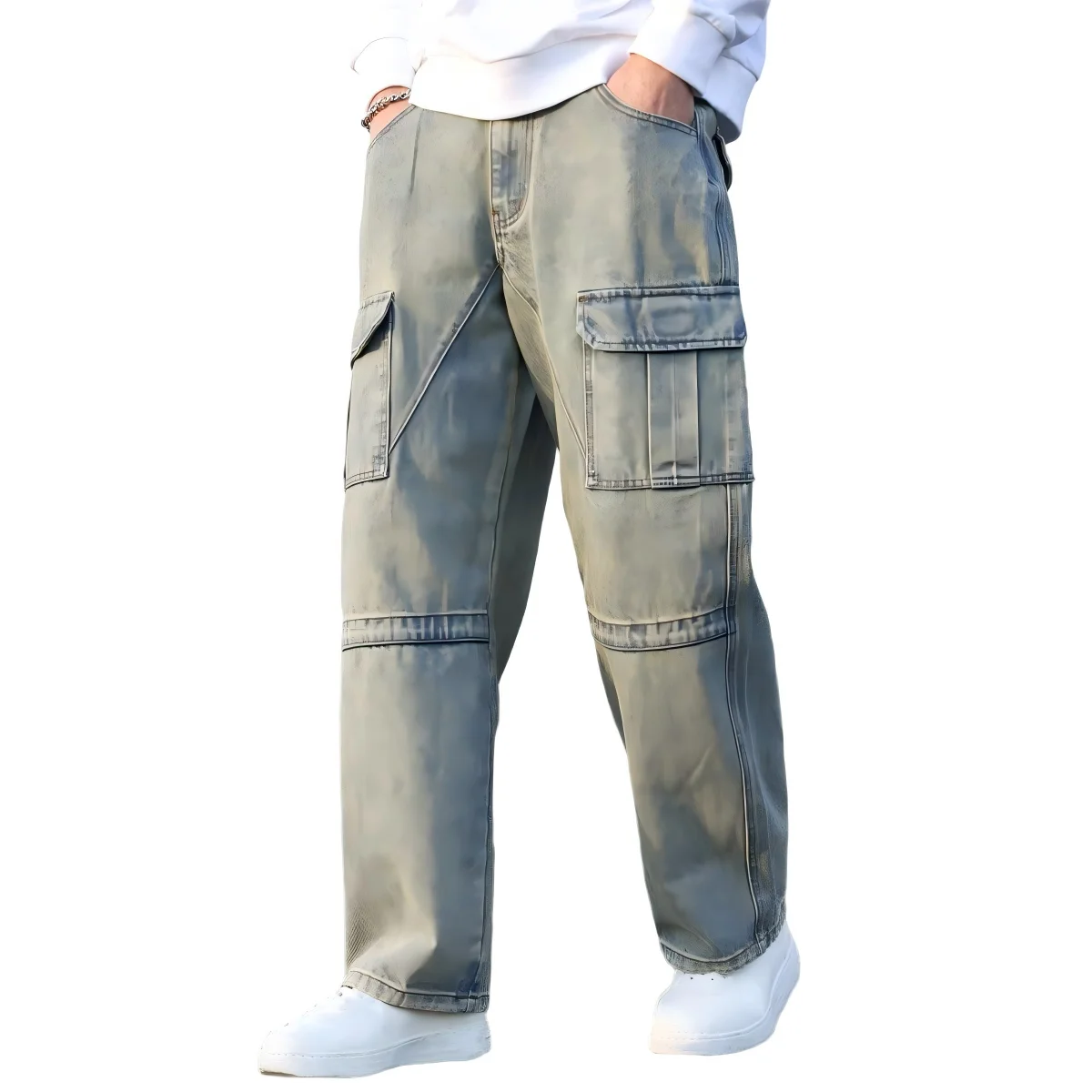 

Men's Workwear - Style Vintage Washed Multi - Pocket Loose Wide - Leg Jeans, Retro Trendy Casual Trousers