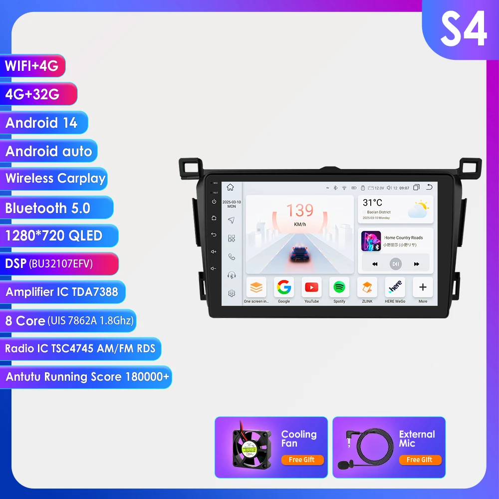 Hizpo 9'' Auto Intelligente Multimedia Speler voor Toyota RAV4 2013 - 2018 Head Unit Touchscreen QLED 2din Radio Navigatie Android 14 SWC 360 Camera