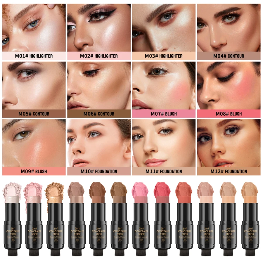 Double-head Contour Stick,Shades with Highlighter & Bronzer & Blush,Non-greasy and Waterproof Face Contouring Stick With Brush