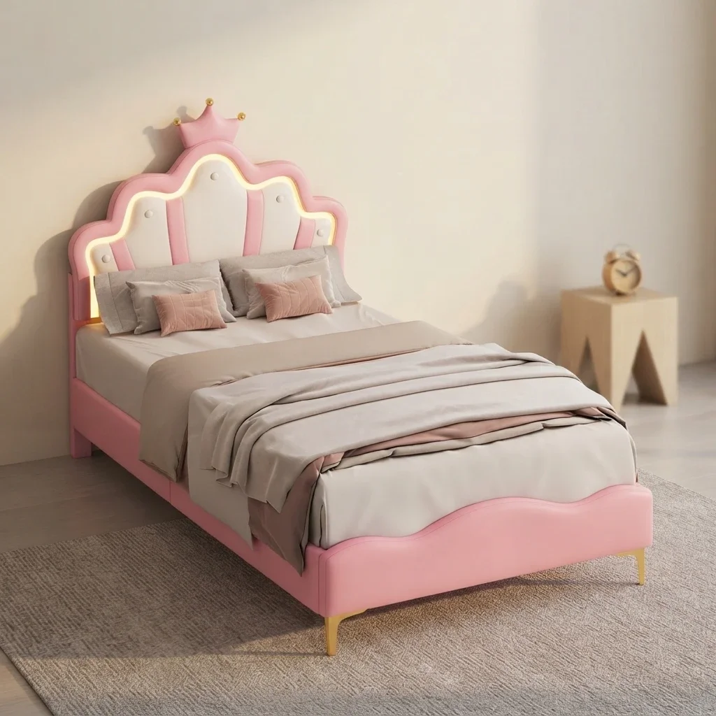 Comanlai, letto per bambini 90×200 cm, letto singolo, letto a forma di corona, letto imbottito, testiera regolabile, ideale per soggiorno o camera da letto, colore rosa.