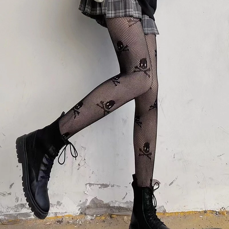 Fishnet Gothic Punk Stil Mesh Schädel Druck süße Strumpfhosen Piraten Halloween Kostüm Sexy Strumpfhosen JK Party Club Kawaii Strumpf – Detail 6