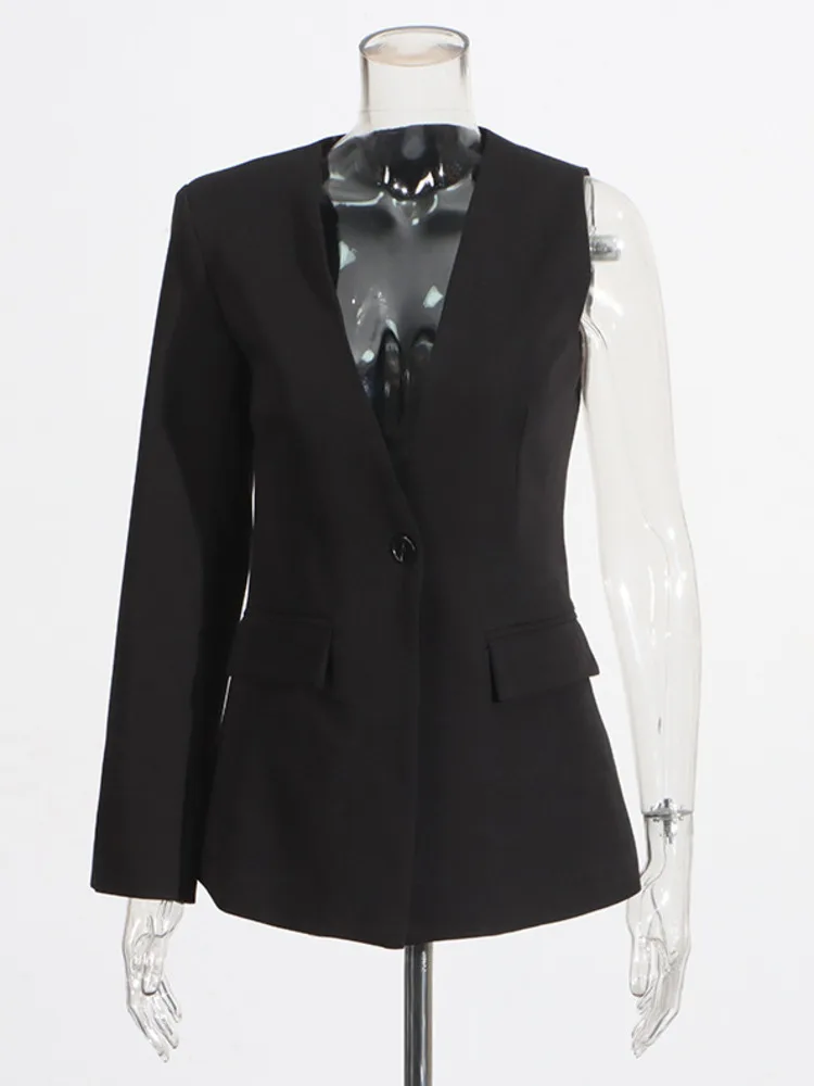 Elegante feminino preto de duas peças calça terno conjunto moderno blazer manga única e calças assimétricas perna larga chique zm784