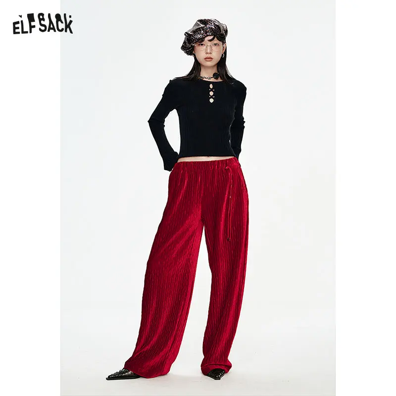 ELFSACK 2024 Winter New Arrivals Christmas Red Velvet High Waist Wide Leg Casual Pants Women