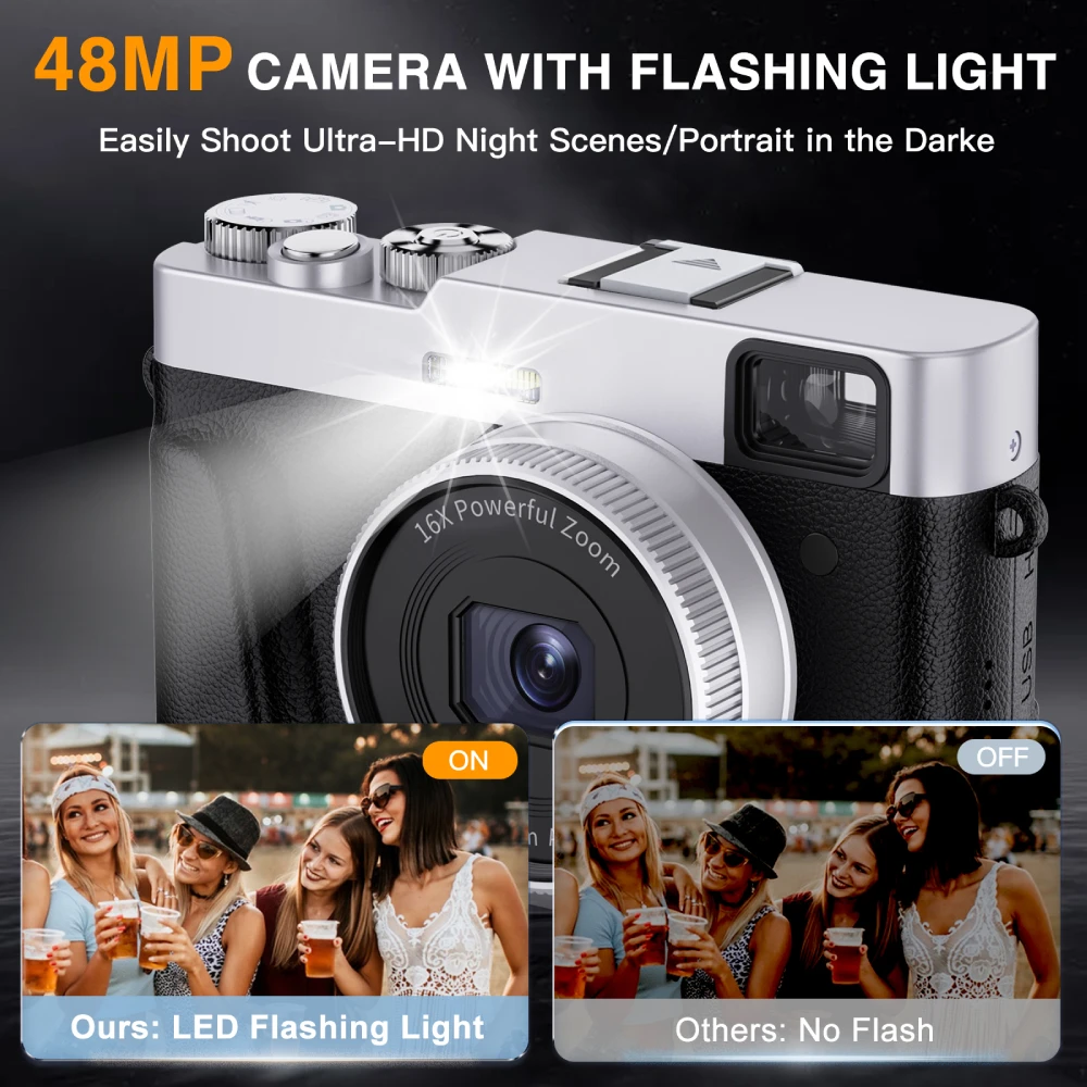 4K Digital Camera Auto Focus 48MP Vlogging Camera for YouTube and Anti-Shake Video Camera with Viewfinder Flash & Dial 16X Zoom