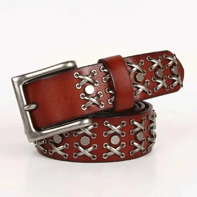 3.8CM New Cowboy Punk Pin Buckle Neutral Belt Real Genuine Leather Women Belt Metal Stud Rivet Jeans Belts For Men Hiphop Rock