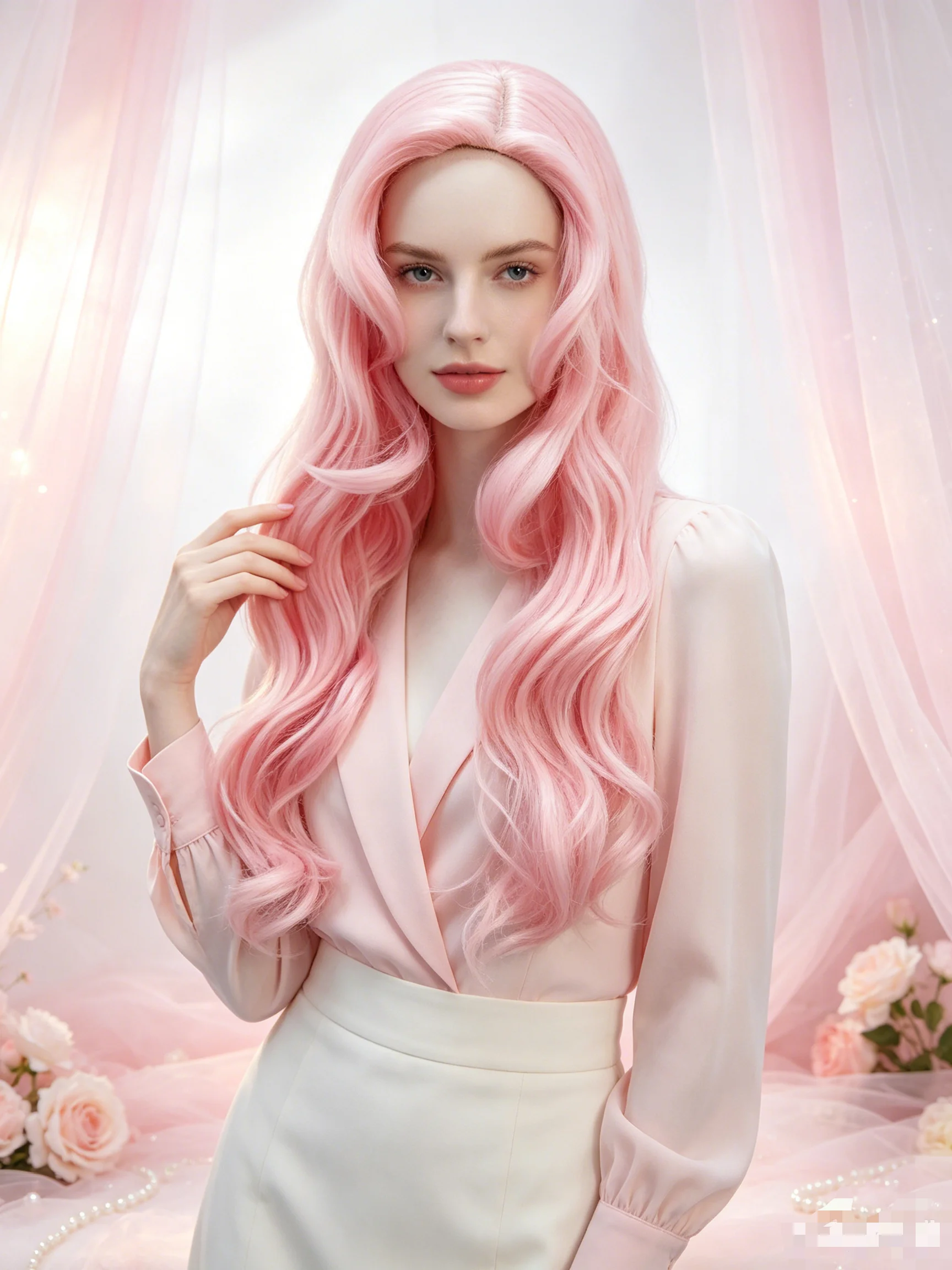 Synthetische Perücke mit langen lockigen Haaren und rosa Fransen – für Little Pony Charakter Fluttershy Cosplay Perücke Animation Reality Wig
