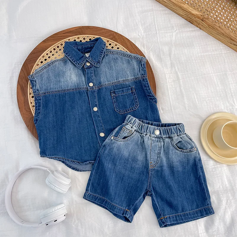 Children's Summer Sleeveless Gradient Shirt 2025 New Boys' Denim Suit Stylish Two-Piece Set