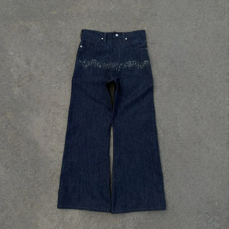 Y2K Musical Note Embroidered Flare Jeans American Retro Dark Blue High Waist Unisex Streetwear Baggy Floor Length Wide Leg Pants