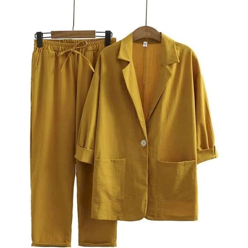 

Literary Pants Sets Commute Half Sleeve Polo-neck Blazers and Harem Pants Summer Autumn Casual Suits Two Piece Set Women Outfits
