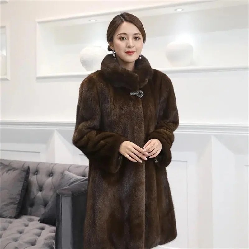 2022 New Slim Mink Fur Mid-aged Mink Coat For Women Full Mink Mid-length Slim Woman Coat Commuter Solid Color Stand Collar X0715