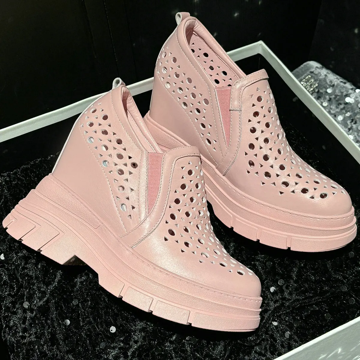 Sandali gladiatore vuoti donna cunei in pelle di mucca décolleté con plateau tacco alto donna estate punta tonda Sneakers moda scarpe Casual