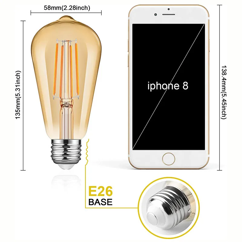 Imagem -02 - Vintage Led Edison Lâmpadas E27 E26 Base Média Regulável St58 Antique Lustre Lâmpada do Teto Sala de Estar Luminária