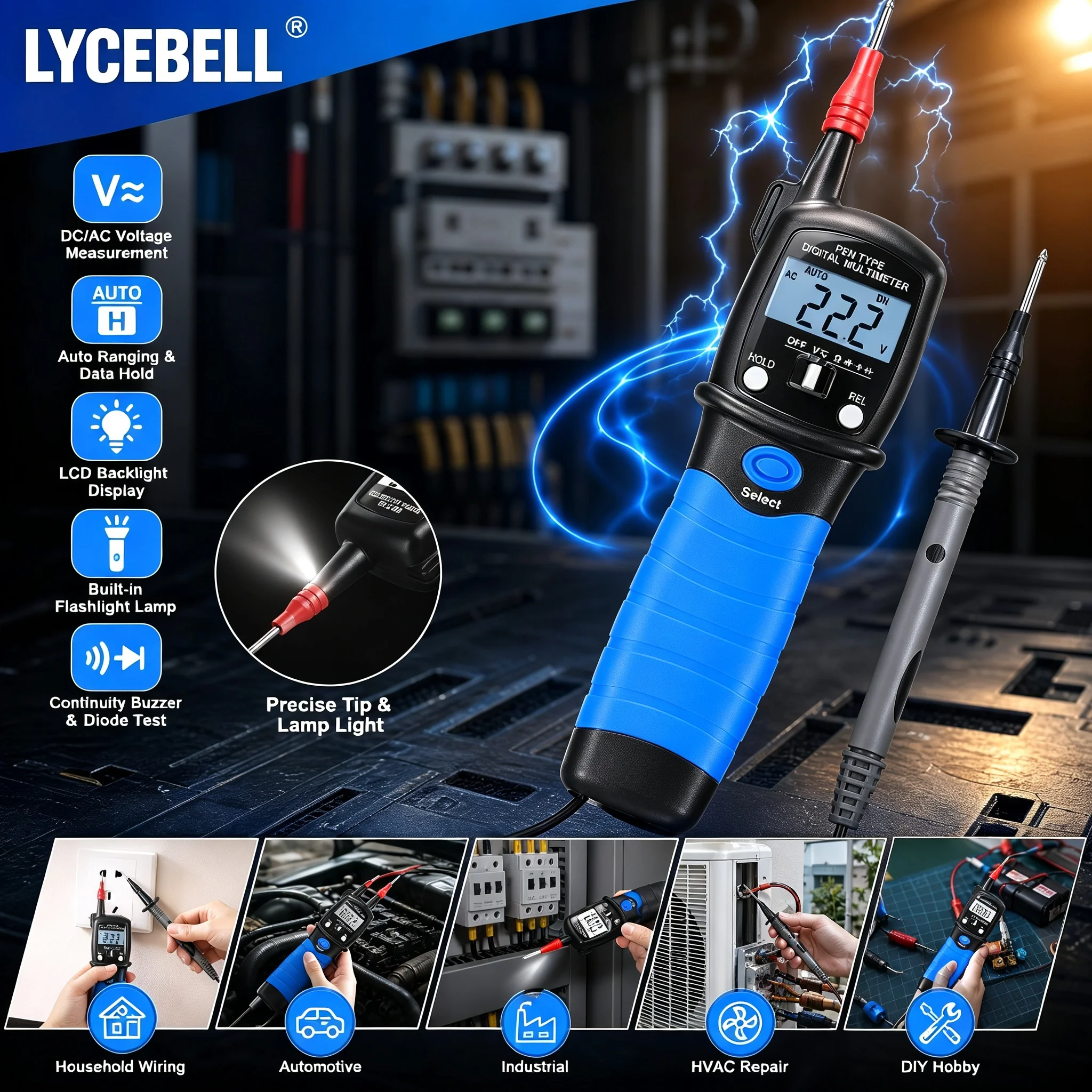 HoldPeak 38B Pen Type Digital Multimeter 1999 Counts True RMS AC/DC Voltage Resistance Diode Continuity Tester LED Light for DIY