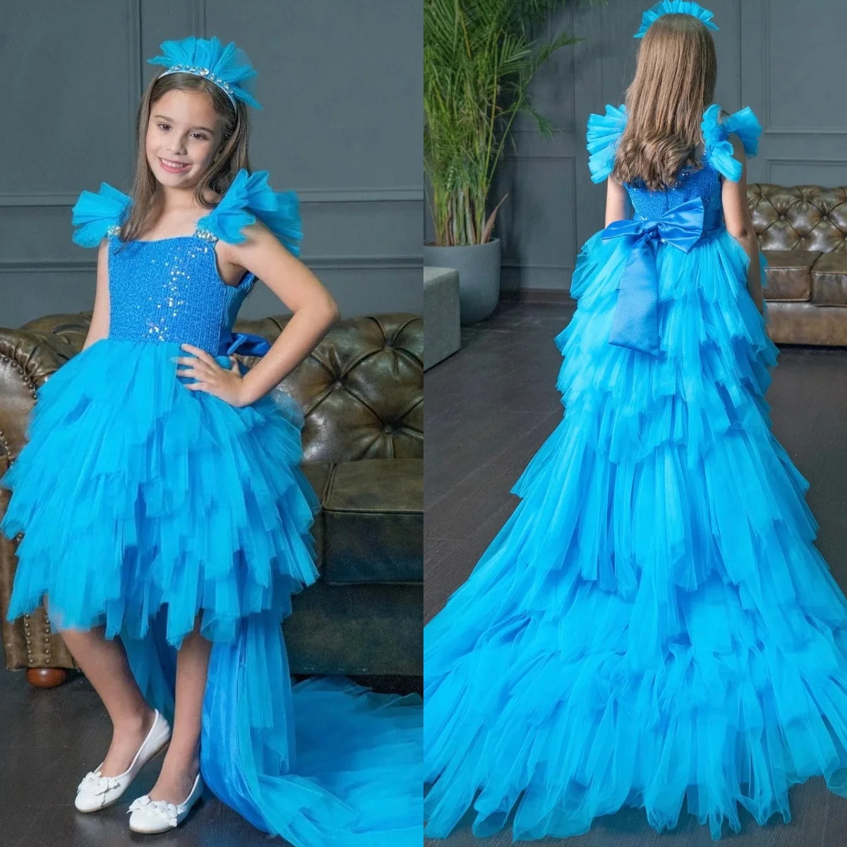 Abiti da ragazza di fiore blu per matrimoni Abiti da festa di compleanno per bambina Abito da prima comunione per bambini alto basso personalizzato