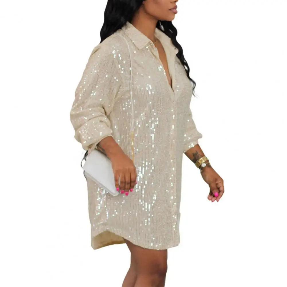 Elegant Shirt Dress Women Shiny Sequin Evening Party Long Sleeve Loose Buttons Mid Length Cardigan Blouse Mini Dress