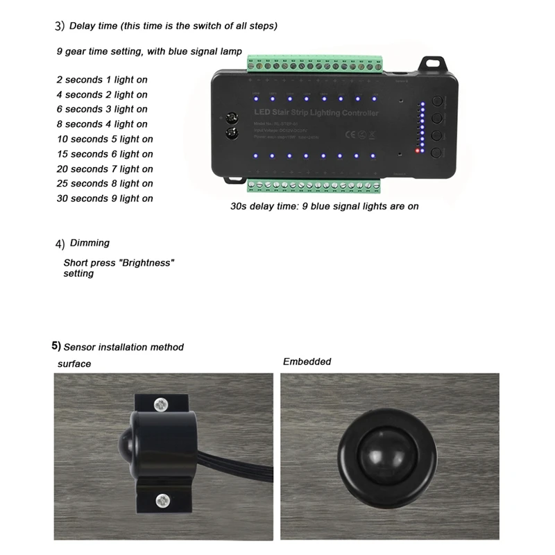 Dimmable Stair LED Controller 16 Channels Dual PIR Motion Sensor Step Light Strip Staircase Controler For Lamp Strip