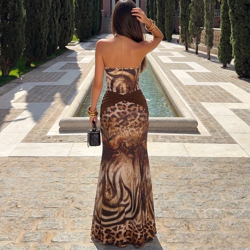 Stylish Lady Leopard Zebra Print Outfit Halter Cutout Bodysuit + Beaded Mermaid Maxi Skirt Women Sexy Backless Club Matching Set