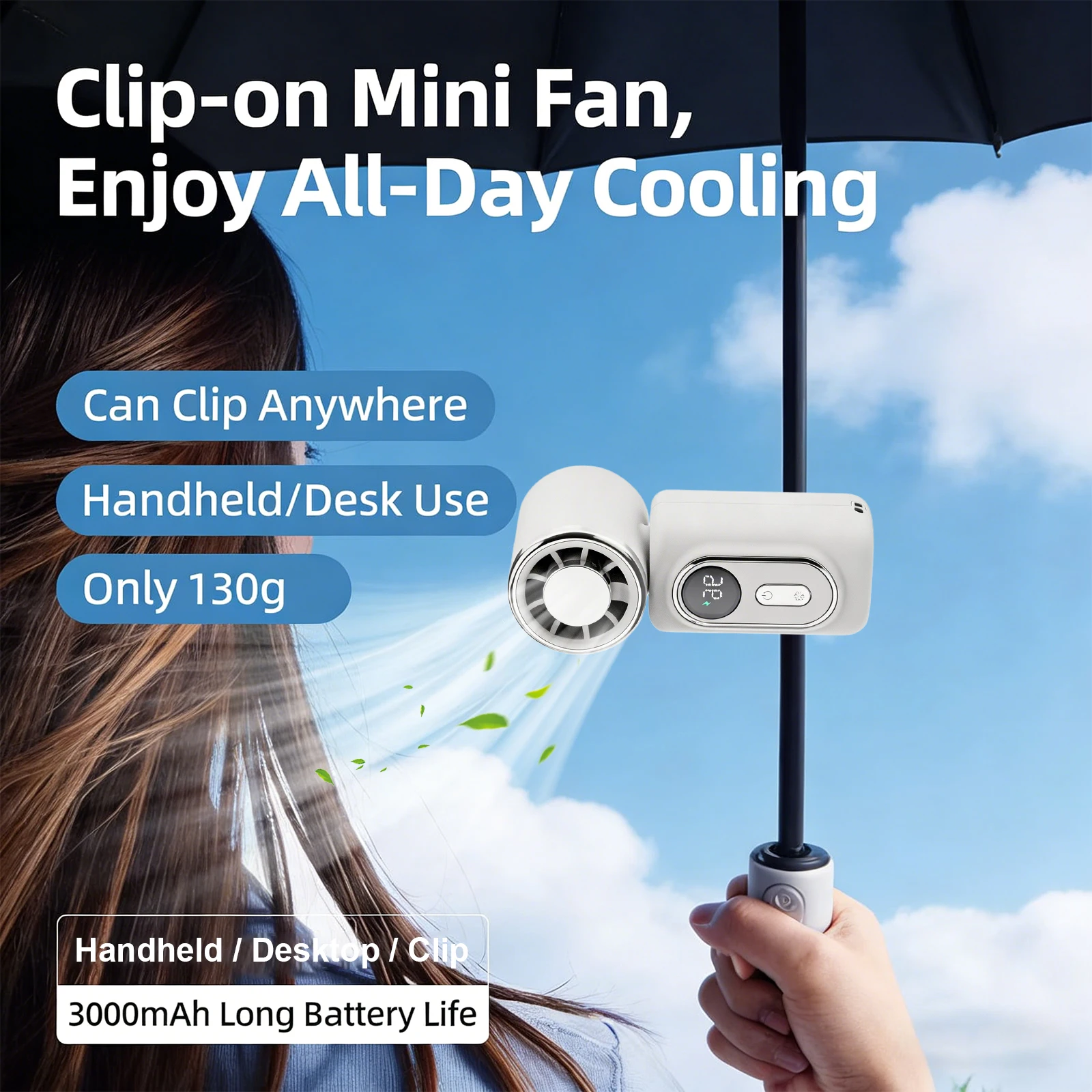 Portable Clip-On Mini Fans Adjustable 5-Speed Handheld Fan with LED Display for Outdoor Travel Office Travel Accessories Gift