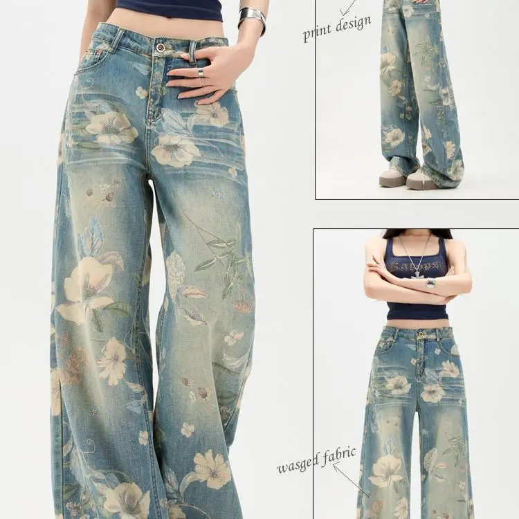 

Новые джинсы из ткани с американским цветочным принтом, свободные прямые широкие джинсы, женские джинсы с принтом