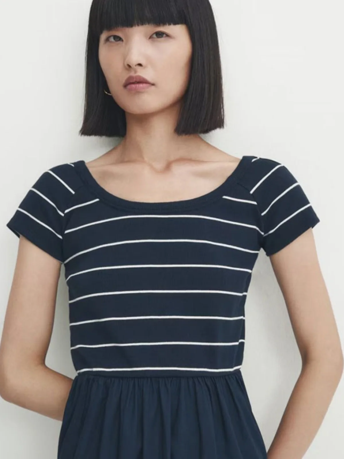 Rétro artistique rayé coton rond Ne ort Sve t-shirt Patchwork trajet Dr MD femmes Faion automne nouveauté