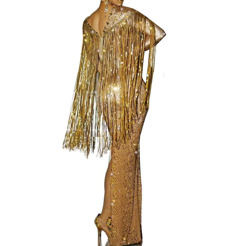 Abito lungo sexy con nappe di strass di cristallo brillante multicolore per le donne, abiti da banchetto serale, feste, festival, palcoscenici