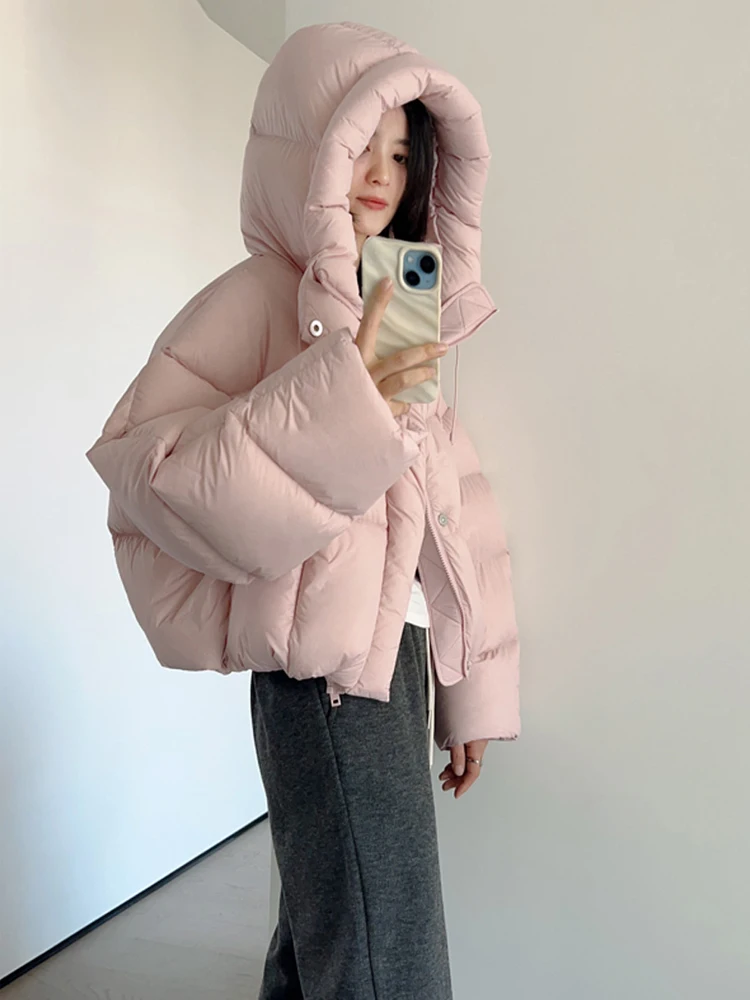 Fashion Pink Hooded puffer jacket Oversized Women\'s 2024 Winter Long sleeve 90% white duck down coat Outwear Warm INKEO 3O380