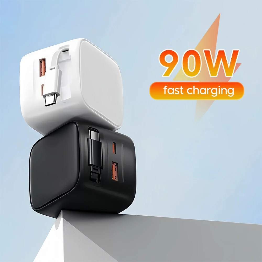 

Зарядное устройство для быстрой зарядки 90 Вт, USB-тип C, зарядное устройство для мобильного телефона с выдвижным кабелем типа C для iphone 17 16 15 ноутбуков Samsung