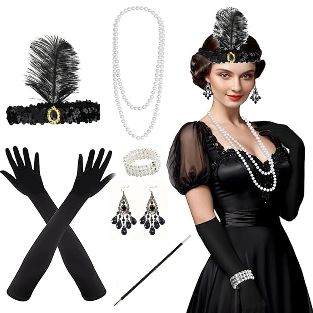 PESENAR Conjunto de Accesorios Flapper de los Años 20 para Mujer, Diadema Flapper Estilo Gran Gatsby de los Años 20, Accesorios para Disfraz Flapper