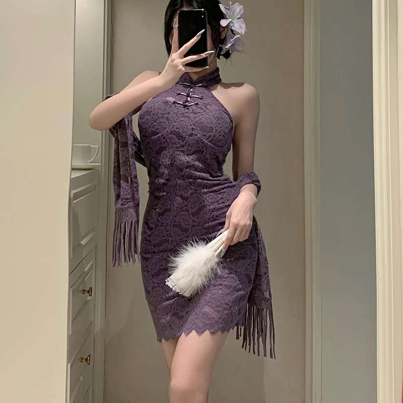 

Sexy New Chinese Style Cheongsam Purple Lace Qipao Dress Hot Clubwear Lingerie Set